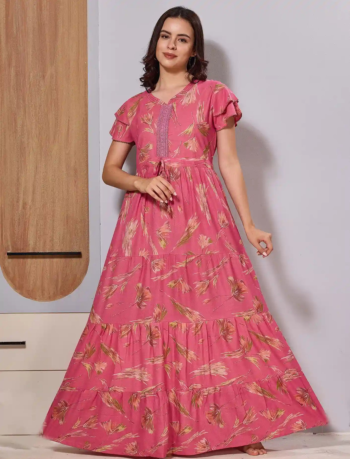 Pink Long Gathering Frock Nature-Inspired Printed Maxi Frock - Mangai Nighties 