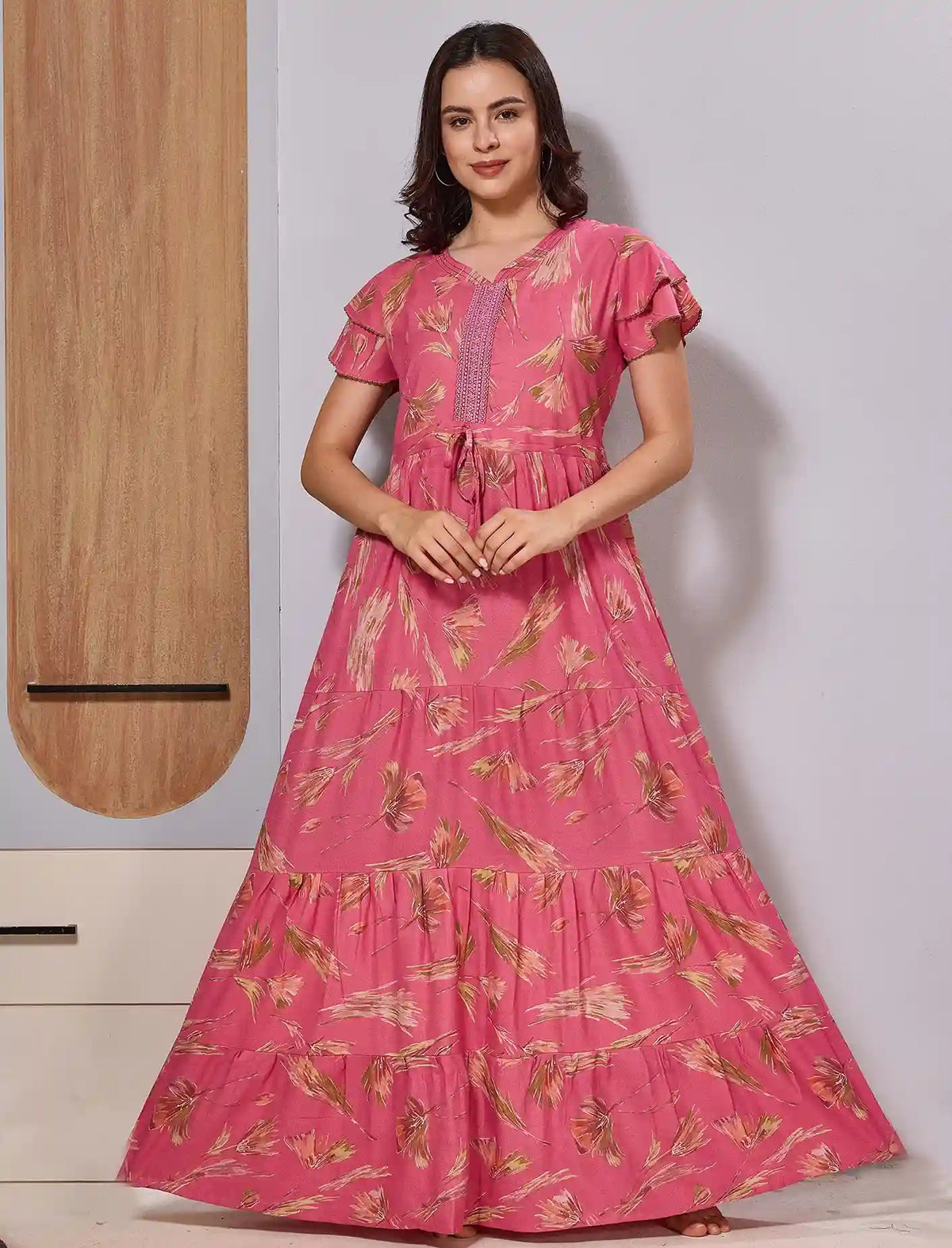 Pink Long Gathering Frock Stylish 3 Layer with side Pocket - Mangai Nighties 