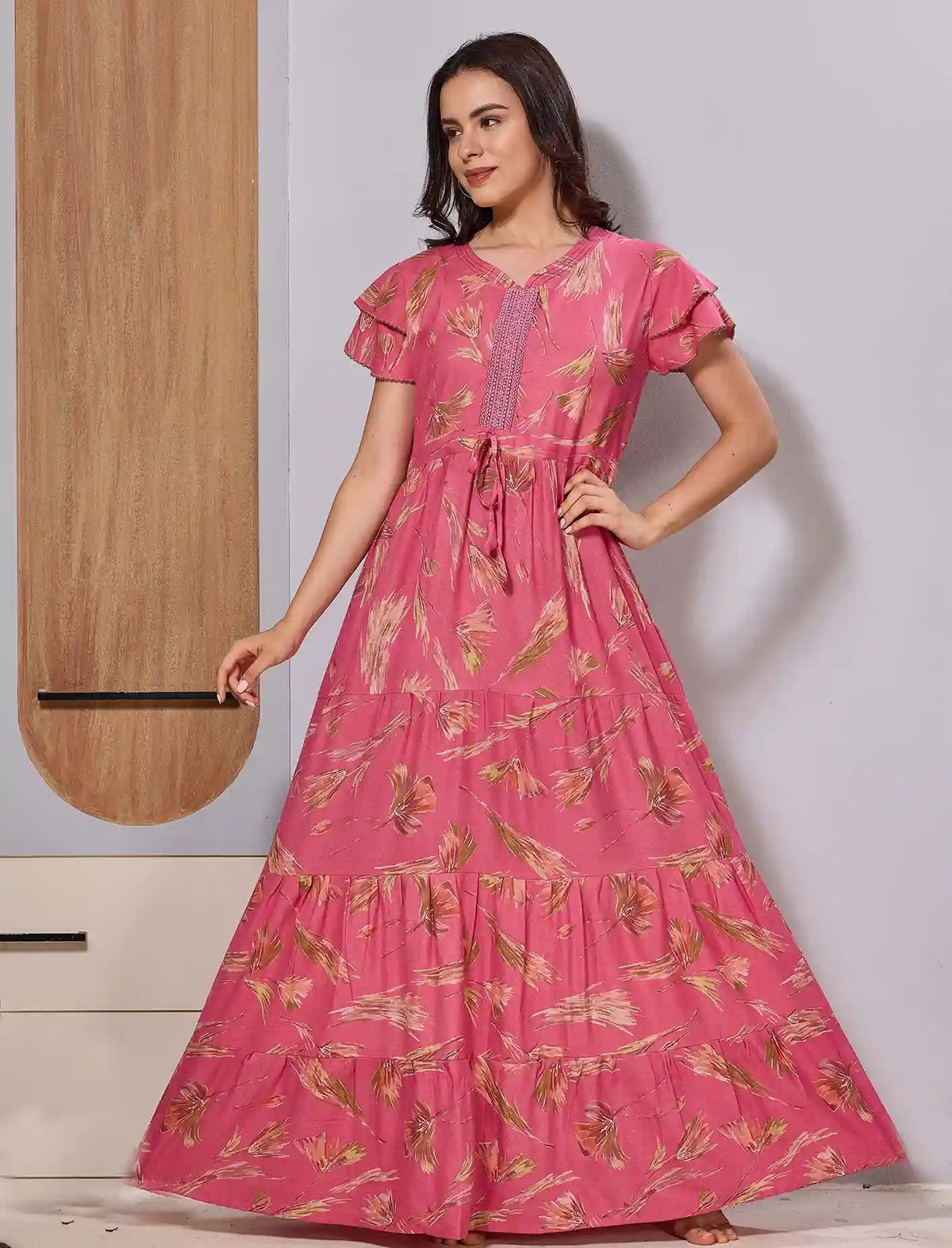 Alpine Long Frock with front tie up Gathering Rope with Abstract Leaf Print - Mangai Nighties 