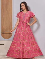 Alpine Long Frock with front tie up Gathering Rope with Abstract Leaf Print - Mangai Nighties 