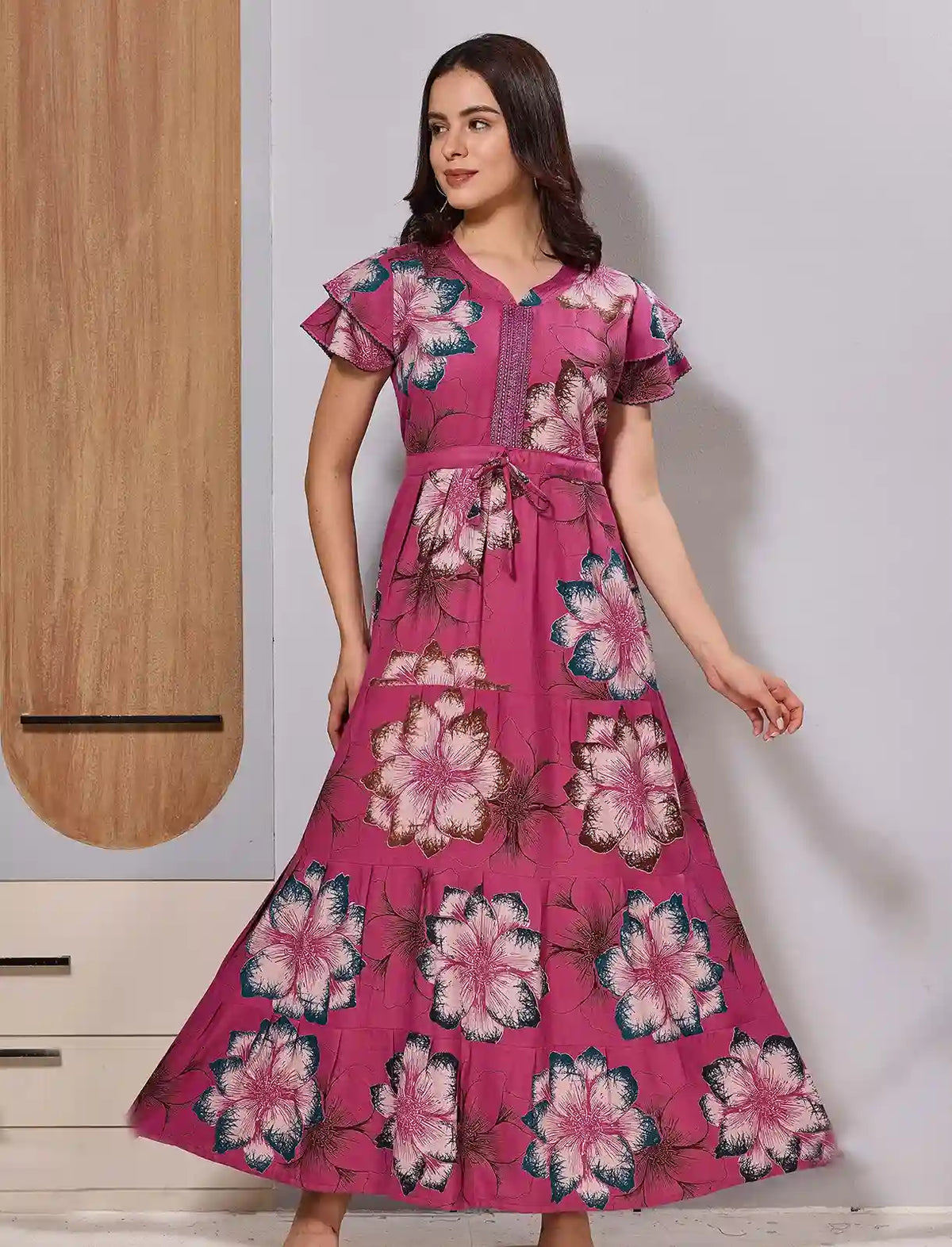 Alpine Pink Floral Long Gathering Frock double Layer Petal Sleeve's - Mangai Nighties 