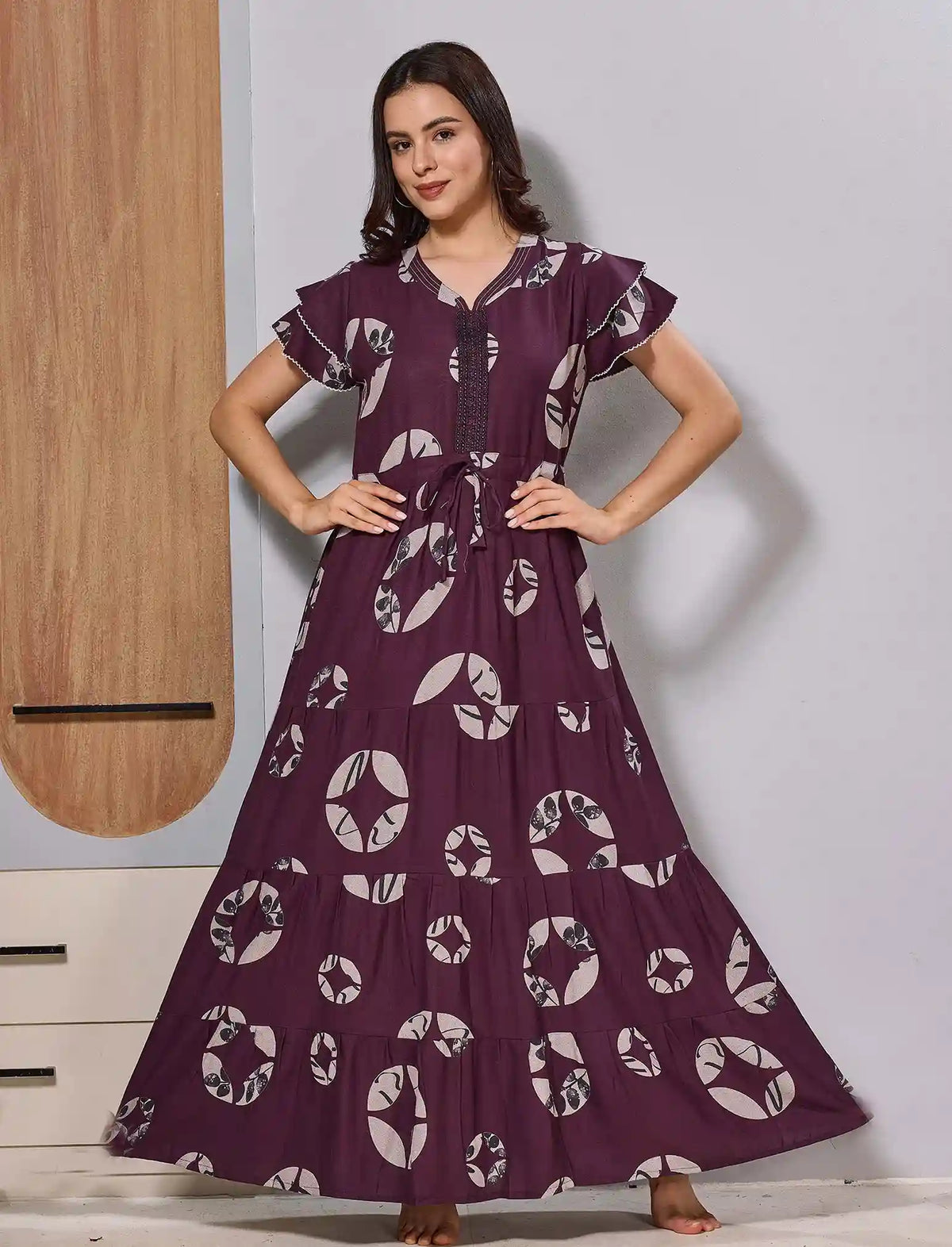 Plum Purple Printed Long Frock Nighty with Side Pocket - Mangai Nighties 