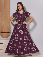 Plum Purple Printed Long Frock Nighty with Side Pocket - Mangai Nighties 