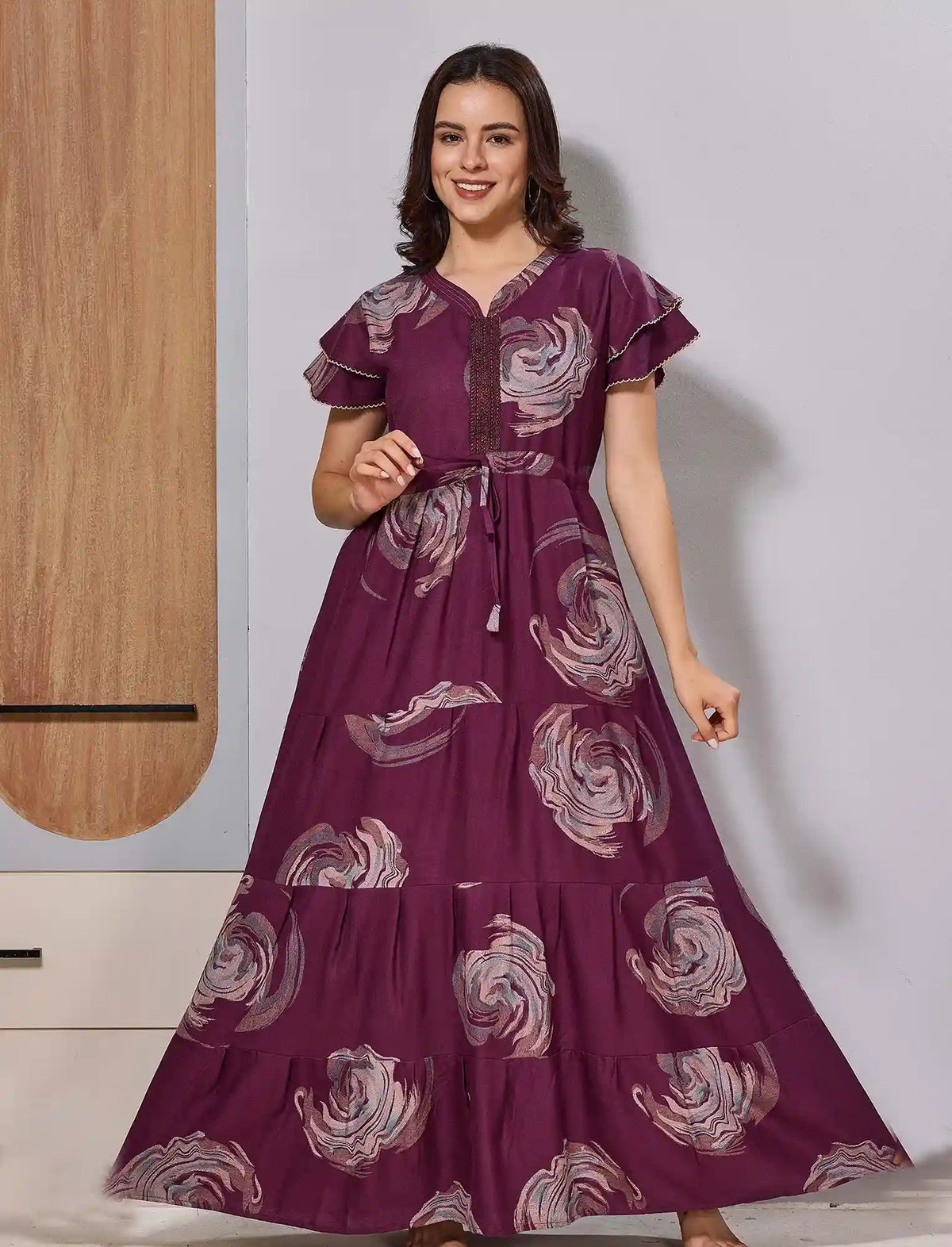 Purple Alpine 3 Layer Flared Gathering Frock for Women - Mangai Nighties 
