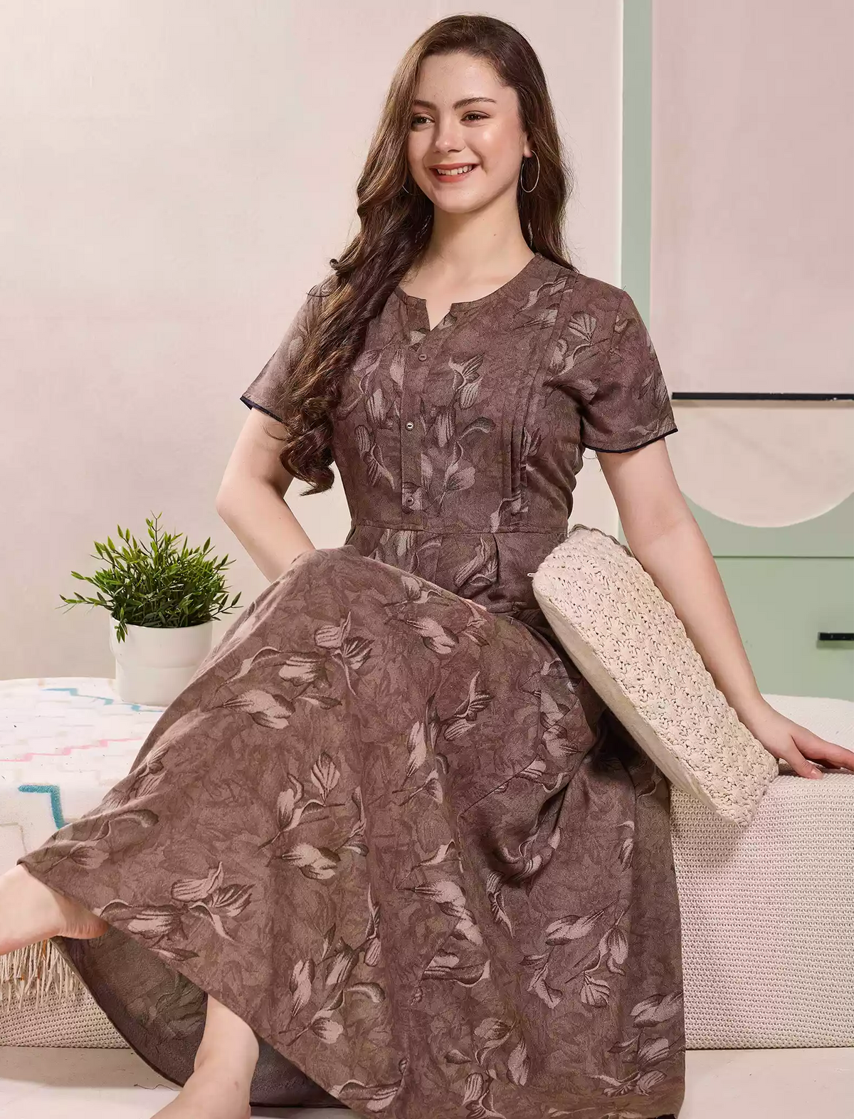 Alpine Kurti Style Pleated Nighty with Floral Print - Mangai Nighties
