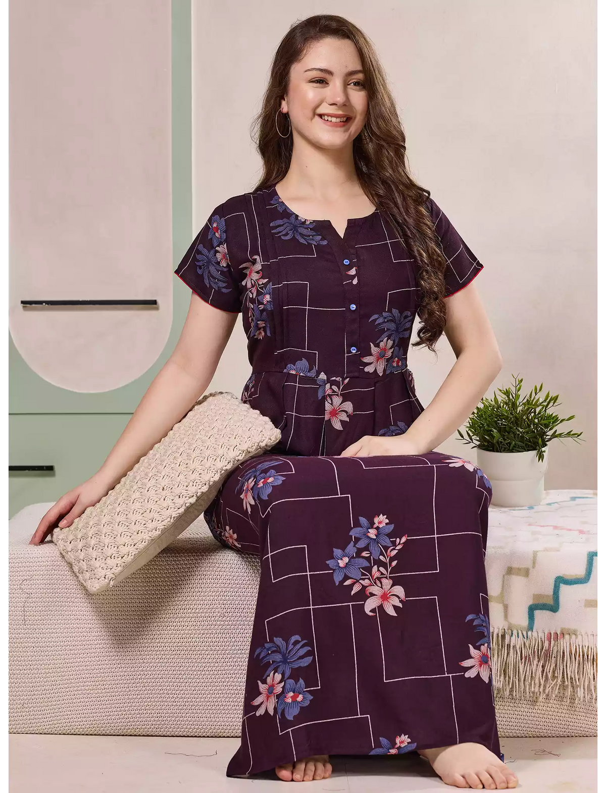 Alpine Floral Geometric Print Kurti Style Nighty - Mangai Nighties