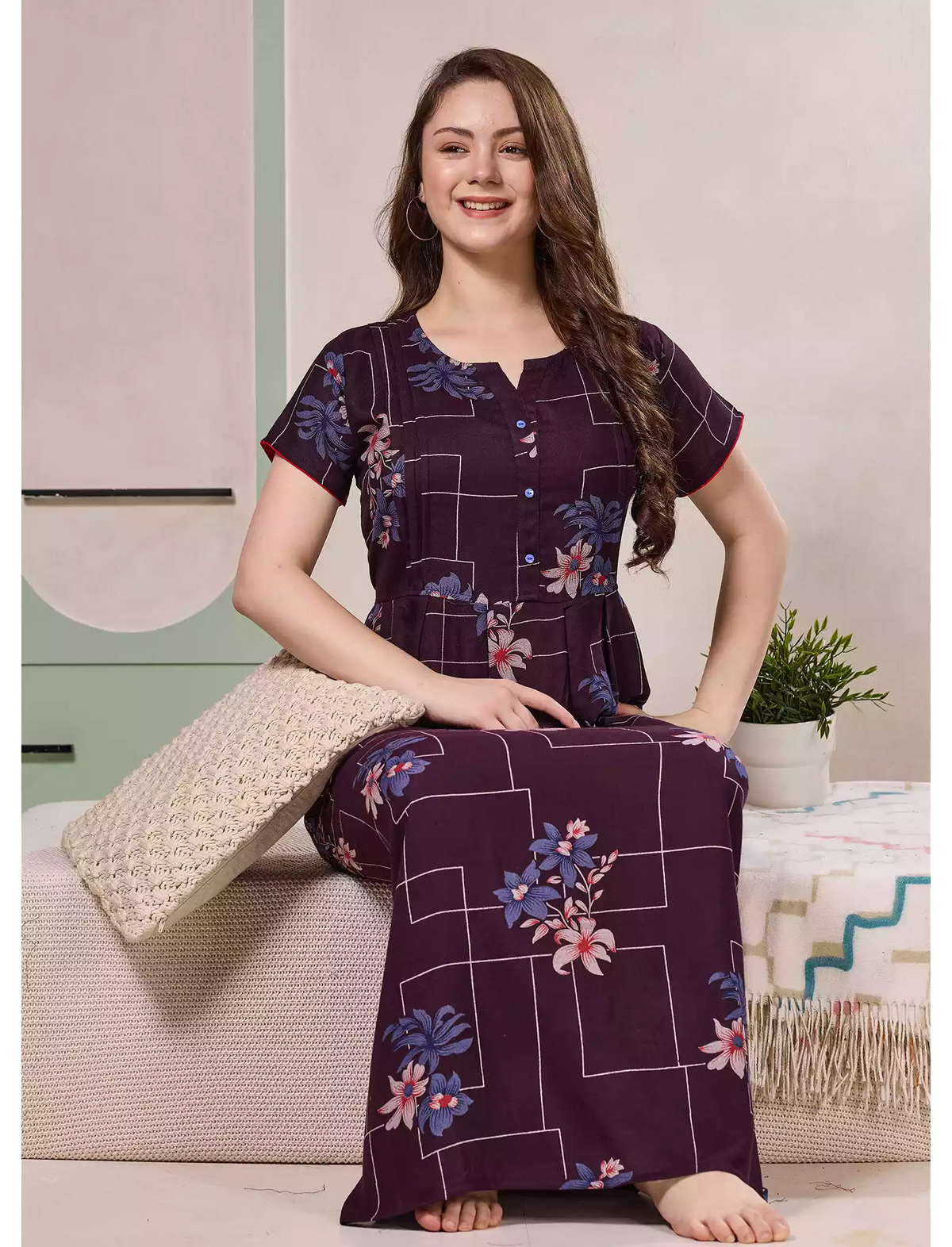 Alpine Floral Geometric Print Kurti Style Nighty - Mangai Nighties