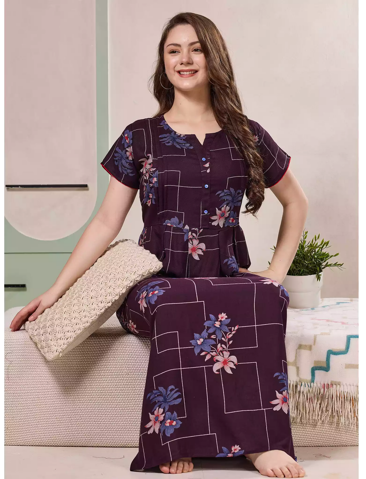 Alpine Floral Geometric Print Kurti Style Nighty - Mangai Nighties
