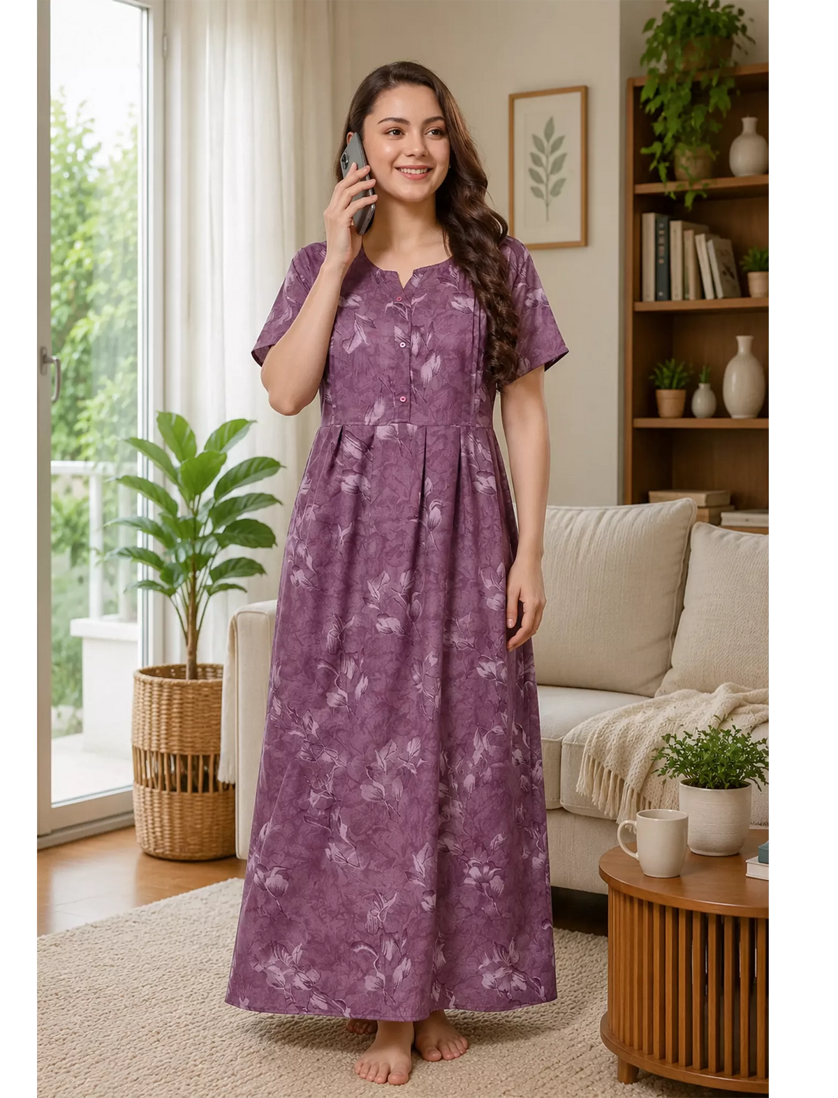Alpine Kurti Style Pleated Nighty with Floral Print - Mangai Nighties