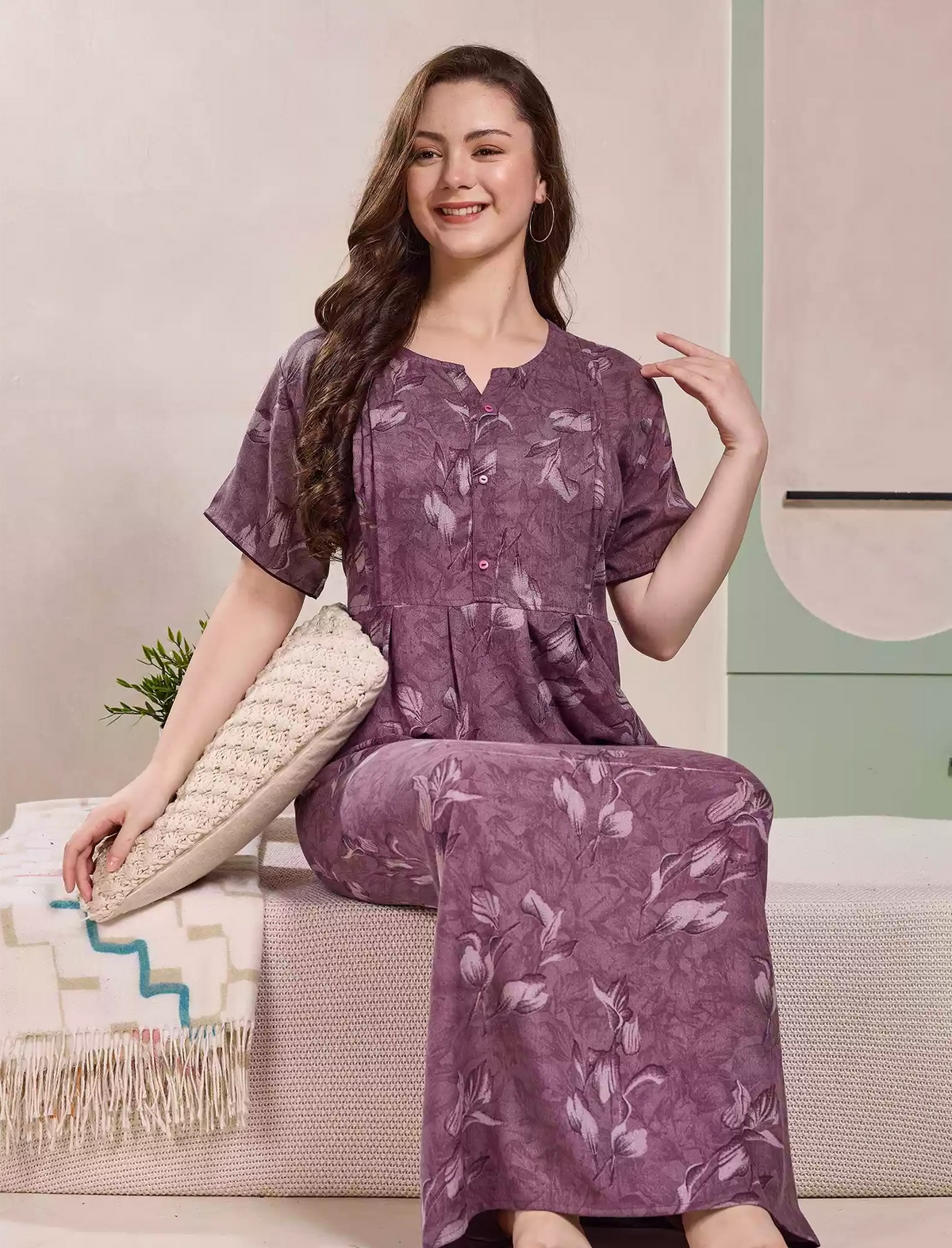Alpine Kurti Style Pleated Nighty with Floral Print - Mangai Nighties