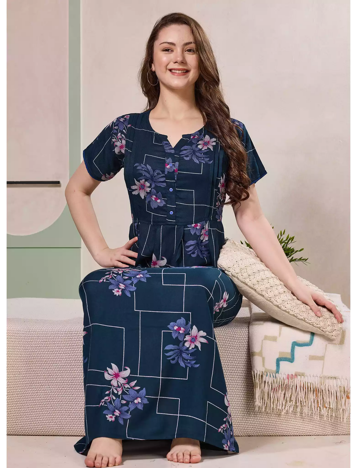 Alpine Floral Geometric Print Kurti Style Nighty - Mangai Nighties