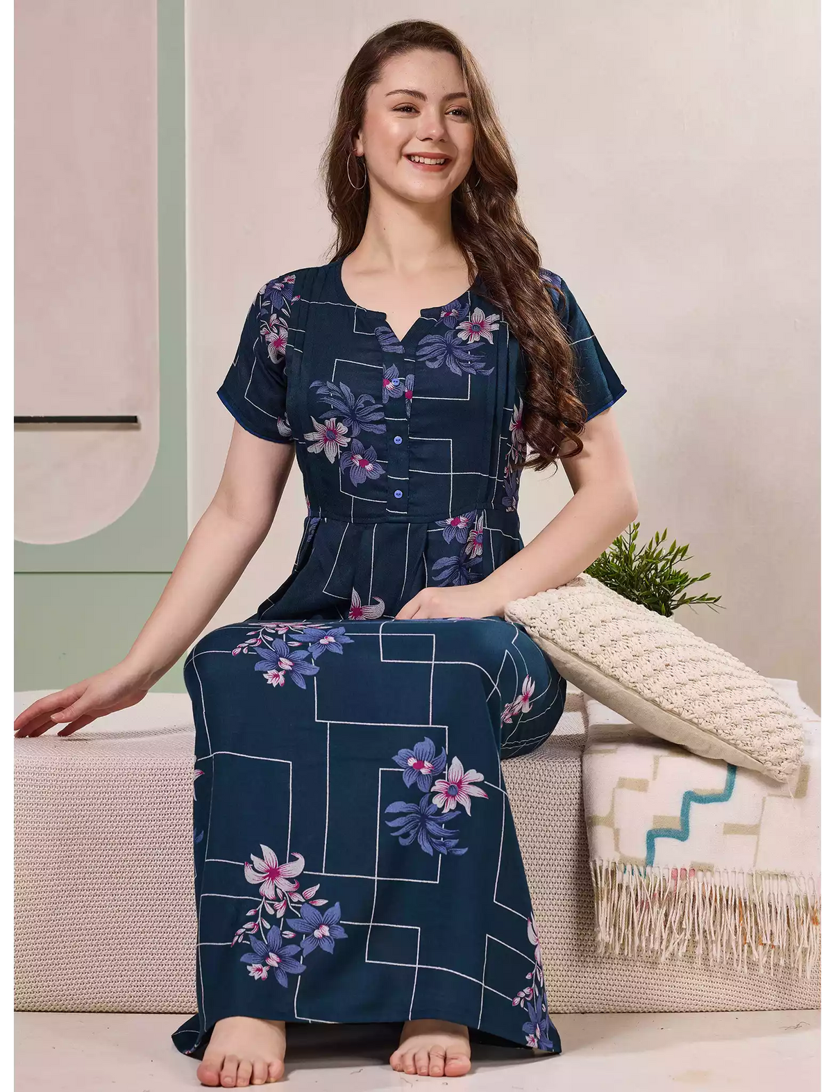 Alpine Floral Geometric Print Kurti Style Nighty - Mangai Nighties