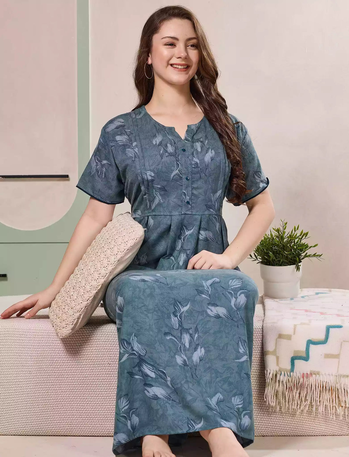 Alpine Kurti Style Pleated Nighty with Floral Print - Mangai Nighties