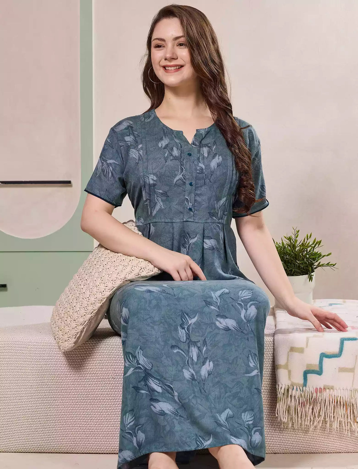 Alpine Kurti Style Pleated Nighty with Floral Print - Mangai Nighties