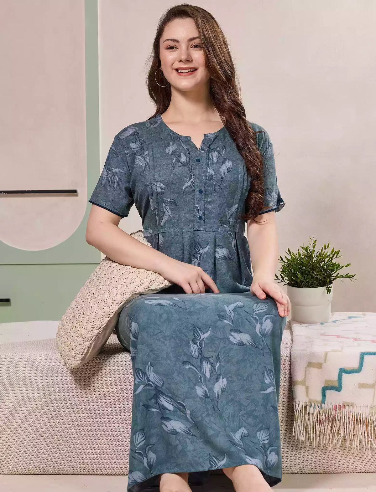 Alpine Kurti Style Pleated Nighty with Floral Print - Mangai Nighties