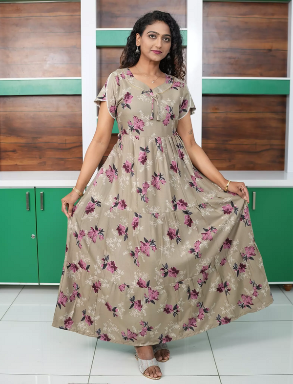 Alpine Floral Print Petal Sleeve 3 Layer Full Frock - Mangai Nighties