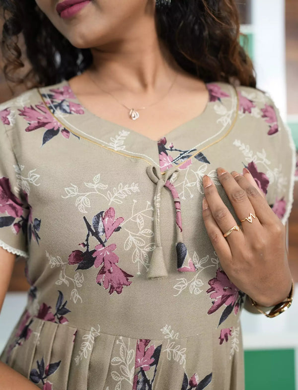 Alpine Floral Print Petal Sleeve 3 Layer Full Frock - Mangai Nighties