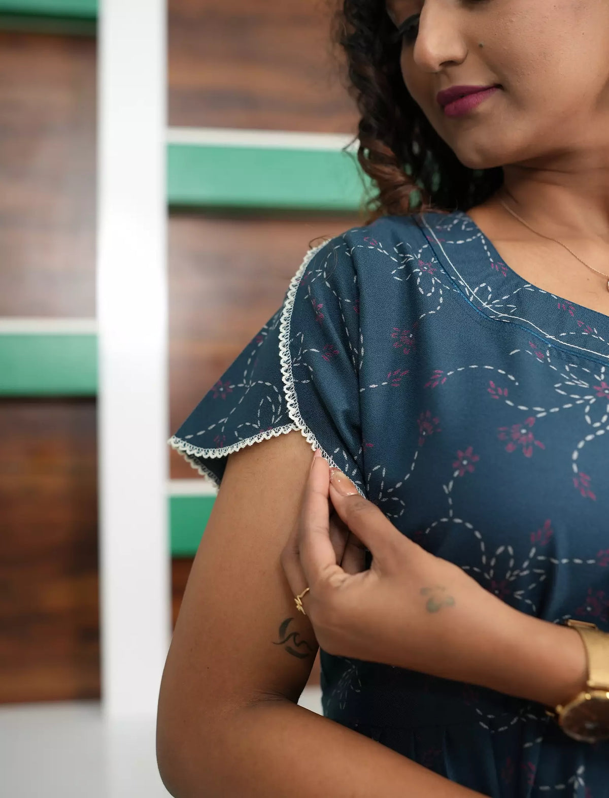 Alpine Floral Print Petal Sleeve Full Frock - Mangai Nighties