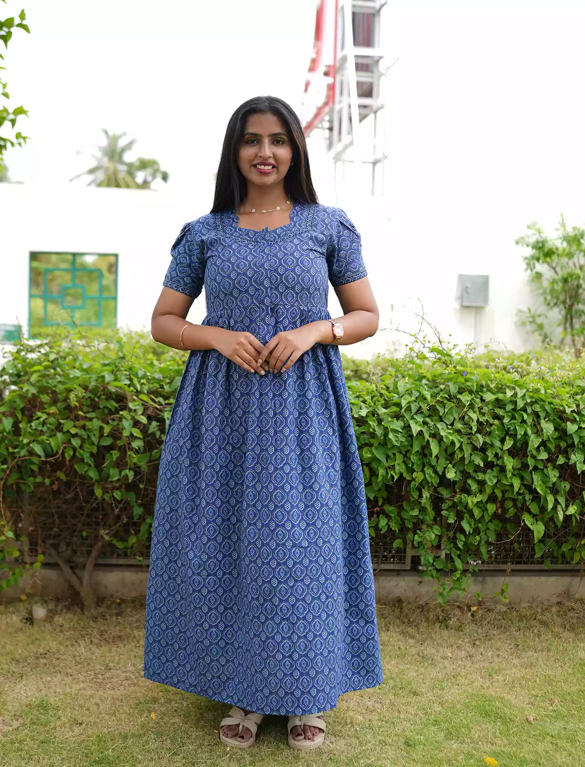 Cotton Geometric Print Casual Frock with Back Tie - Mangai Nighties