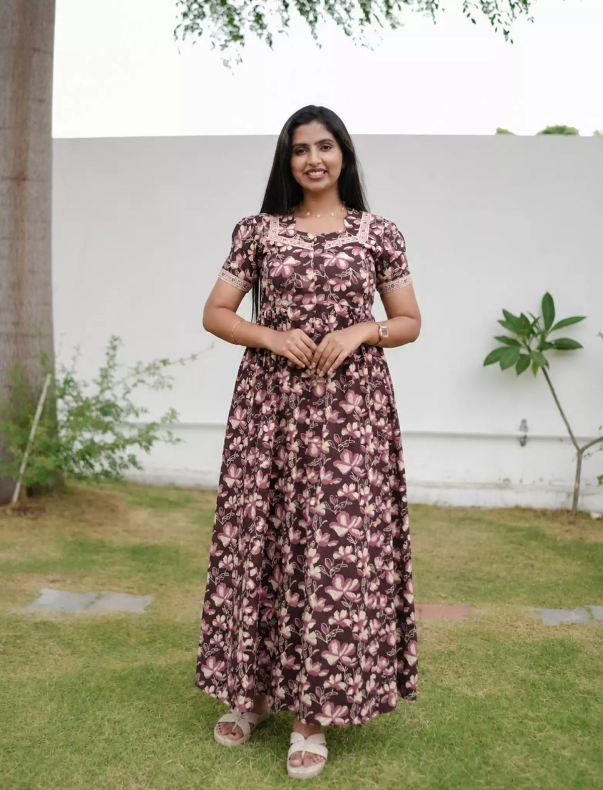 Cotton Floral Print Casual & Feeding Frock with Back Tie - Mangai Nighties