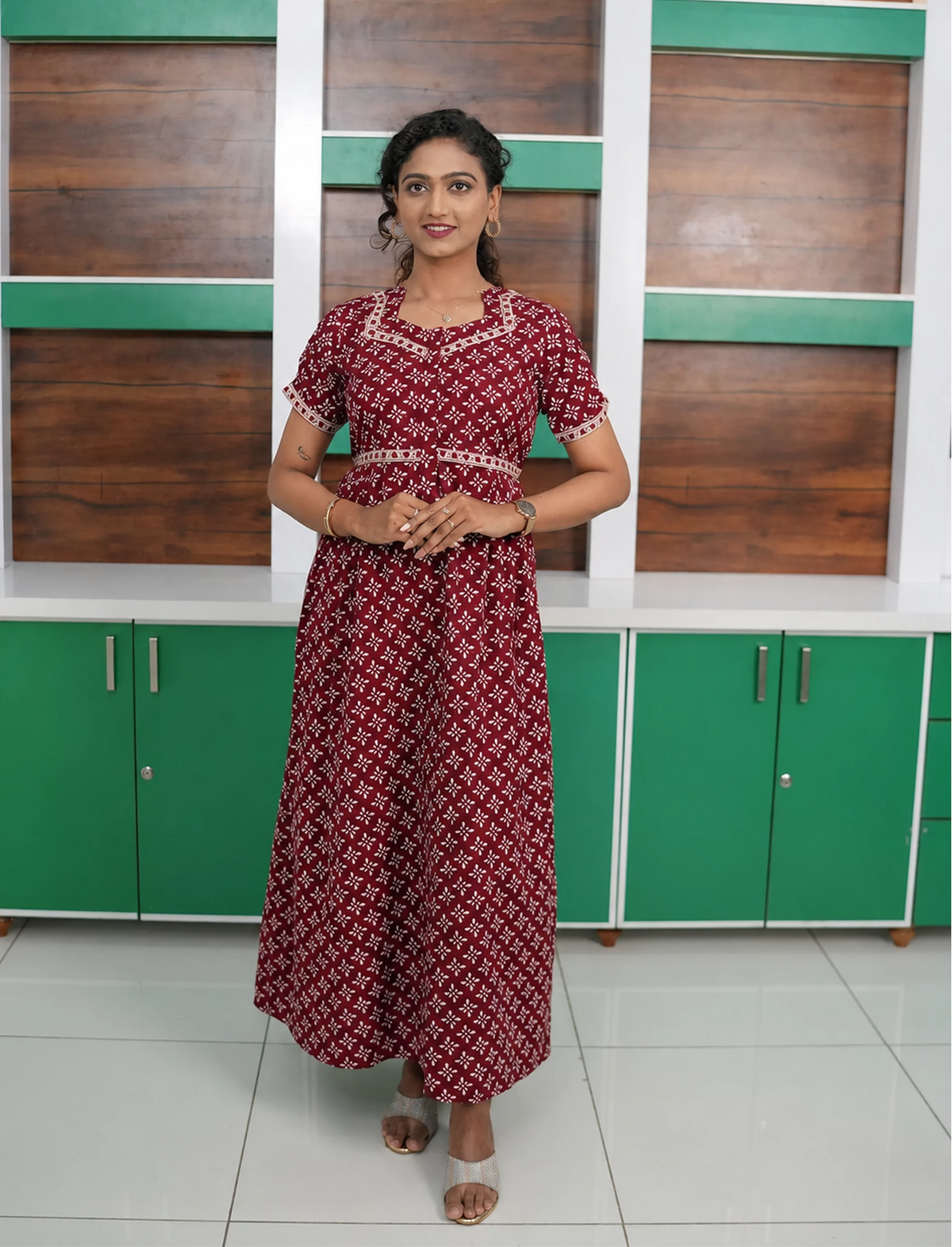 Floral Butta Print Cotton Frock with Back Tie | Mangai Nighties