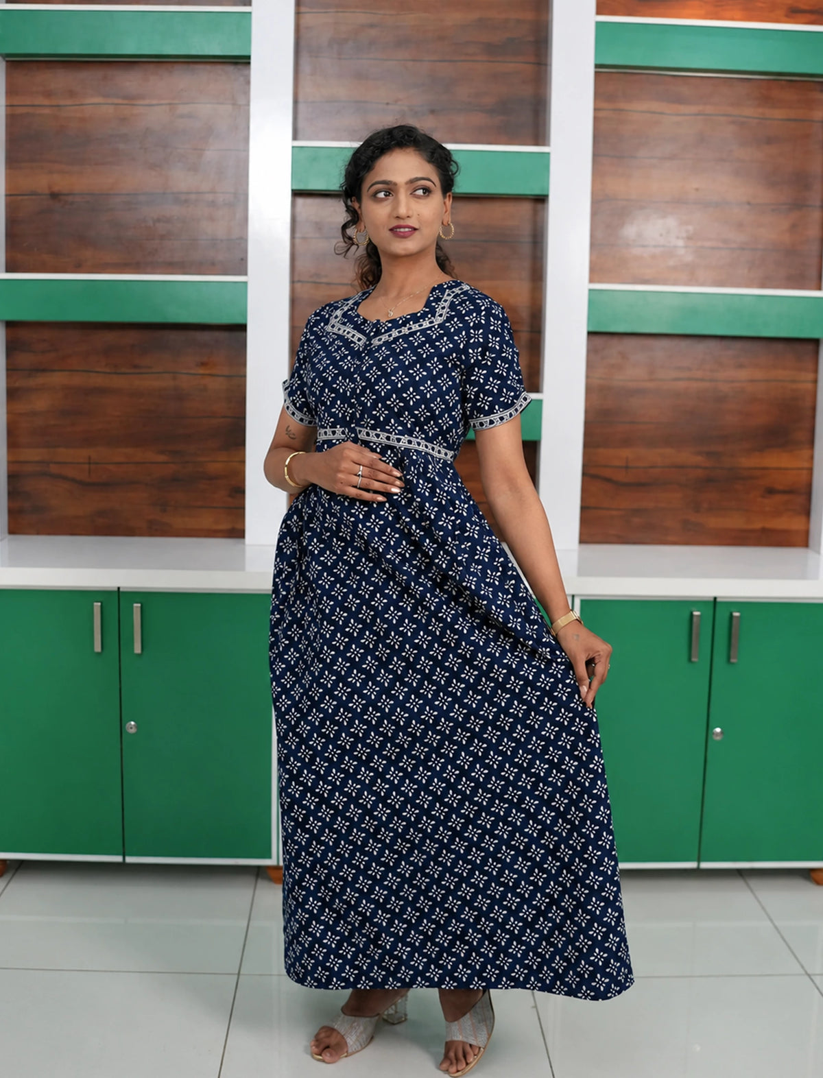 Floral Butta Print Cotton Frock with Back Tie | Mangai Nighties