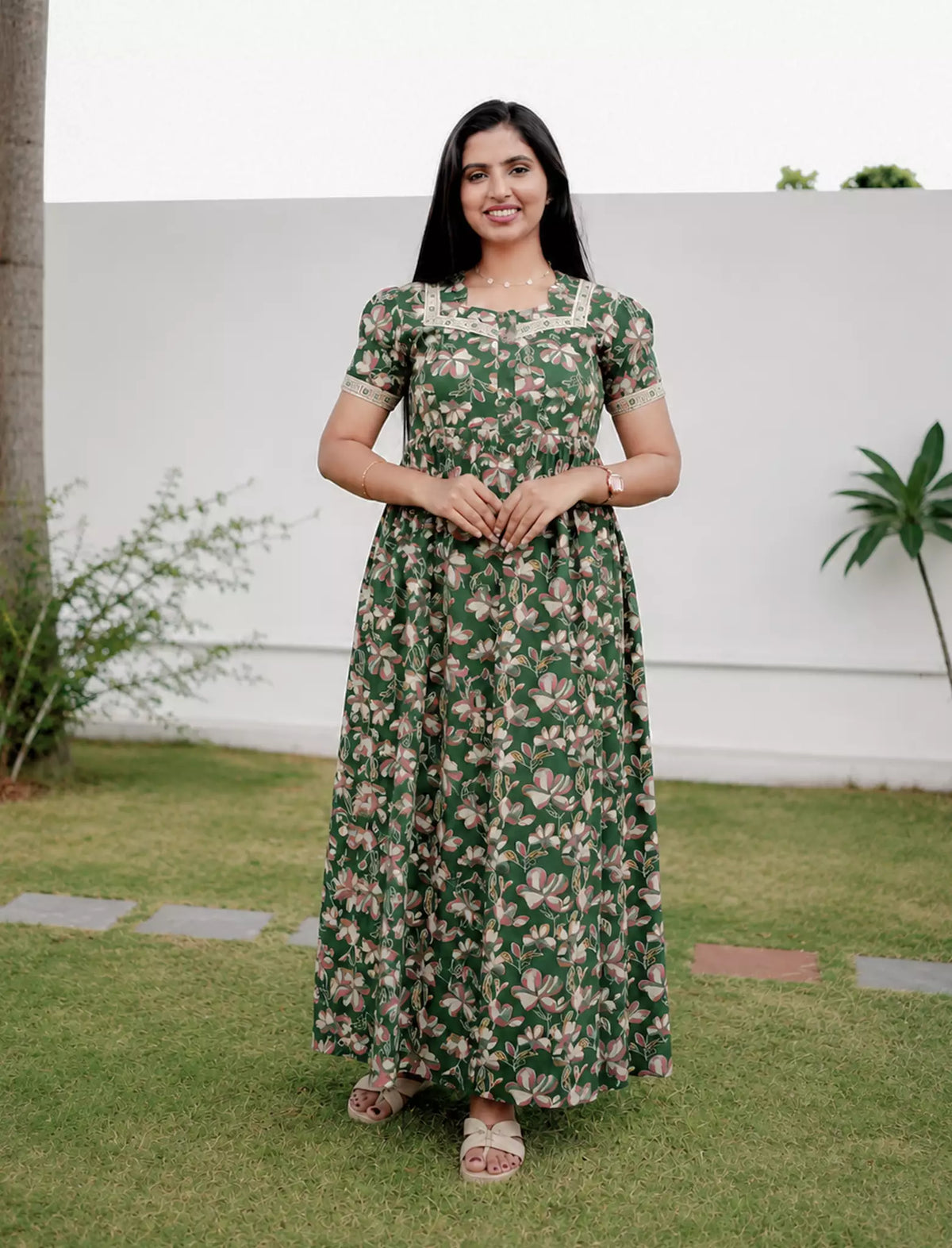 Cotton Floral Print Casual & Feeding Frock with Back Tie - Mangai Nighties