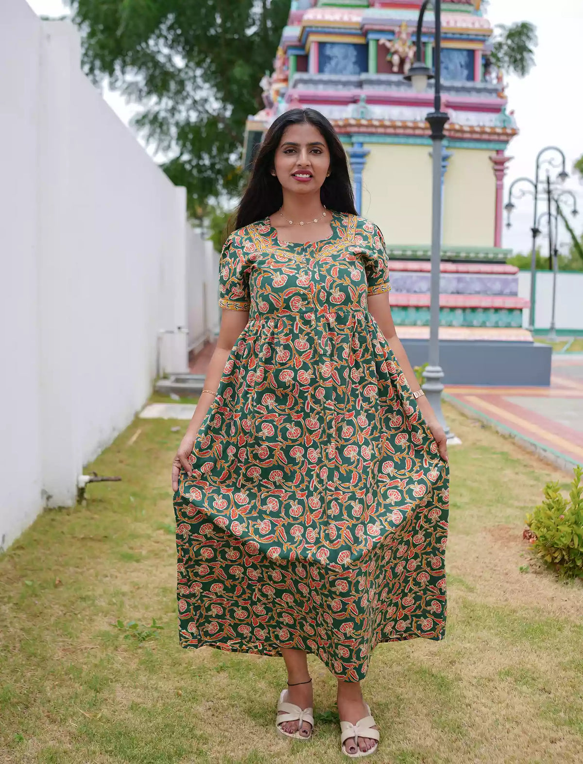 Cotton Floral Print Casual & Maternity Frock with Front Zip - Mangai Nighties