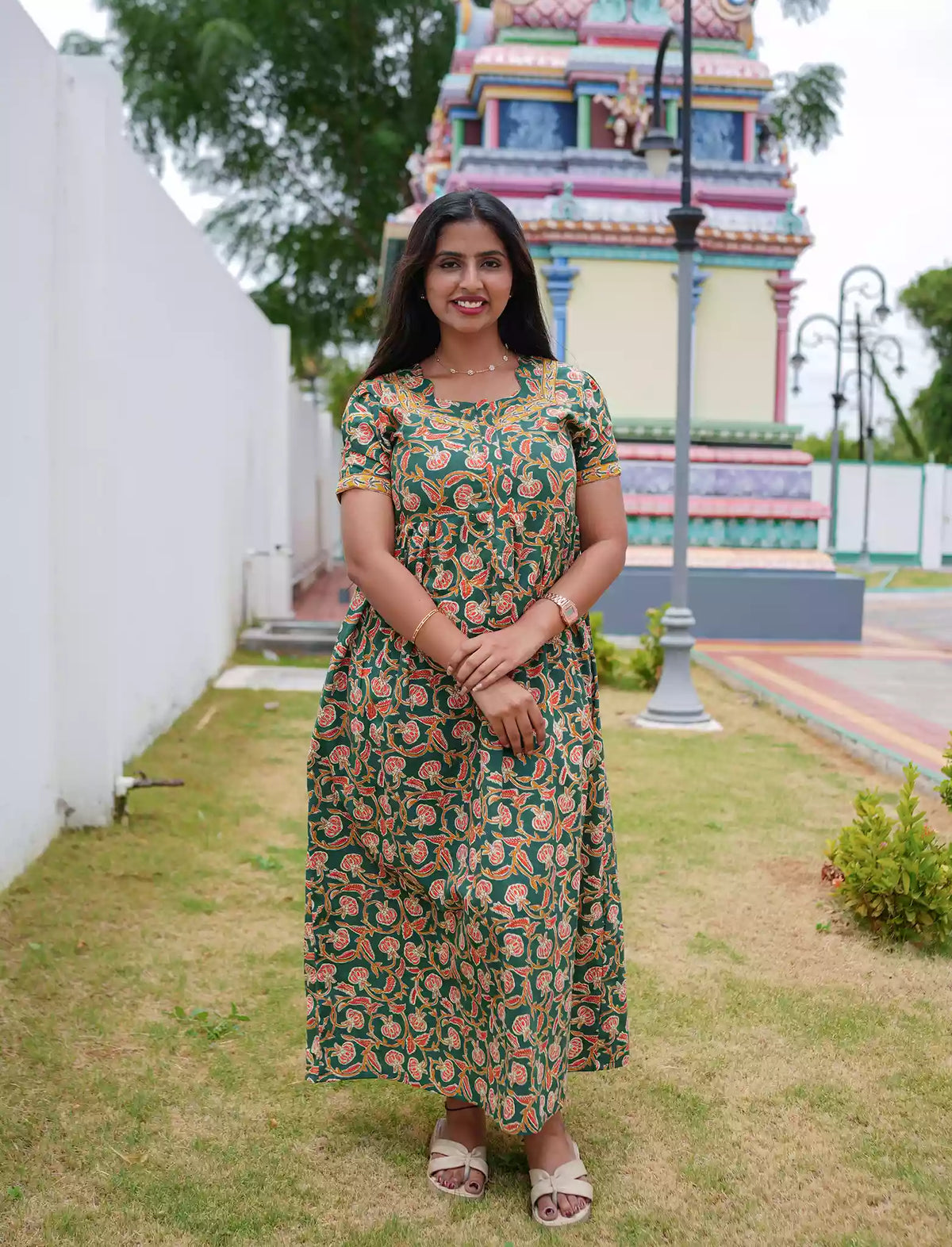 Cotton Floral Print Casual & Maternity Frock with Front Zip - Mangai Nighties