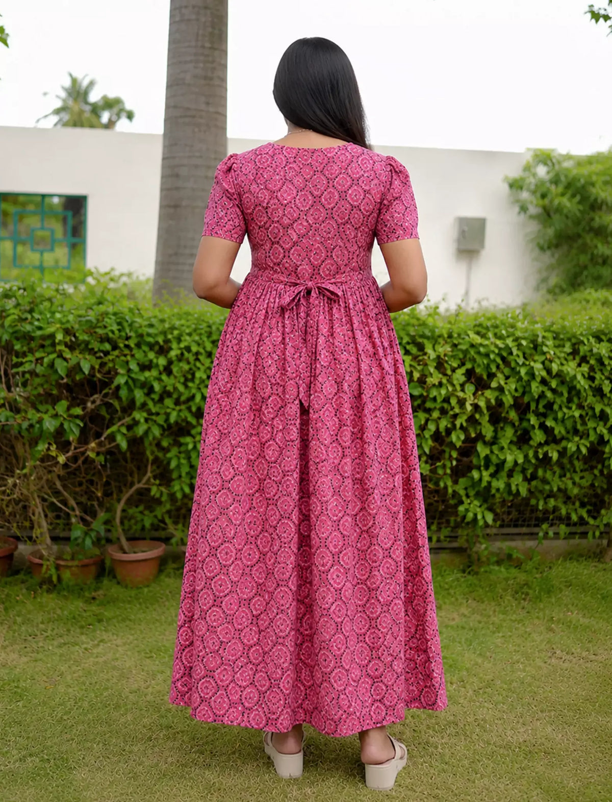 Cotton Geometric Print Casual Frock with Back Tie - Mangai Nighties