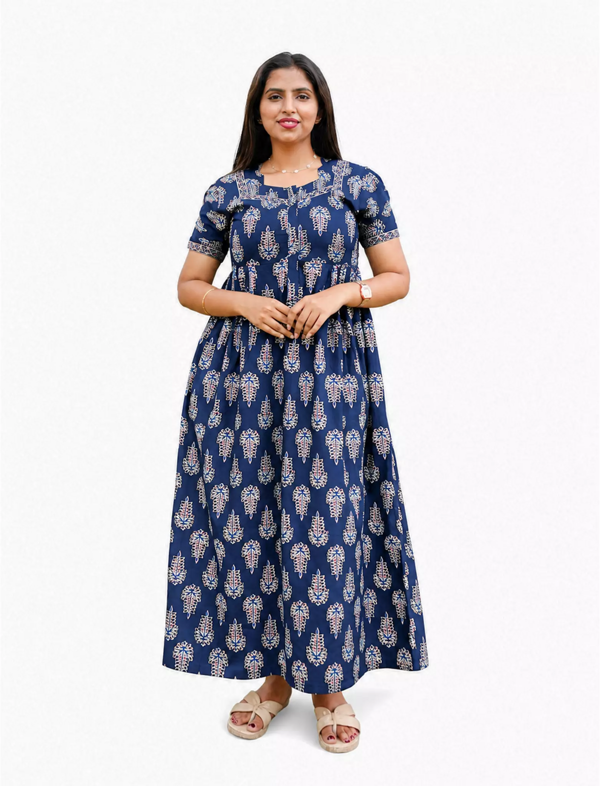 Cotton Leaf Print Casual and Feeding Frock - Mangai Nighties