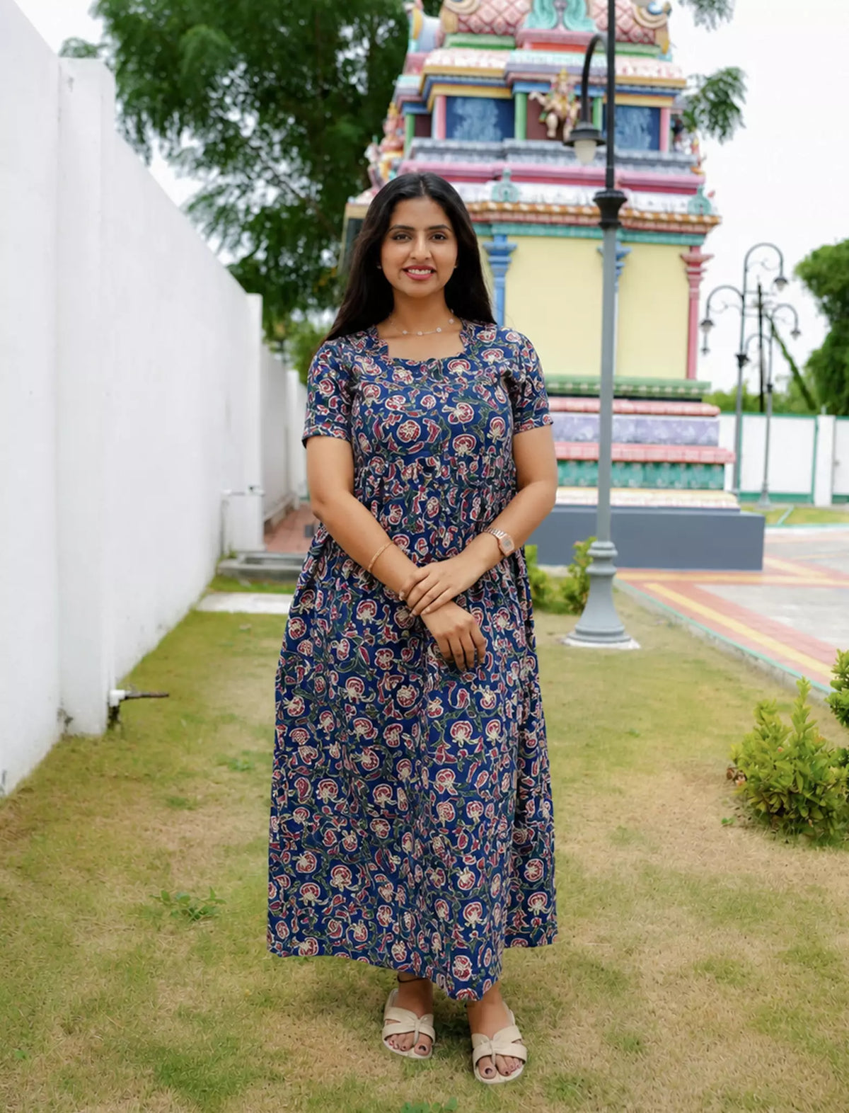 Cotton Floral Print Casual & Maternity Frock with Front Zip - Mangai Nighties
