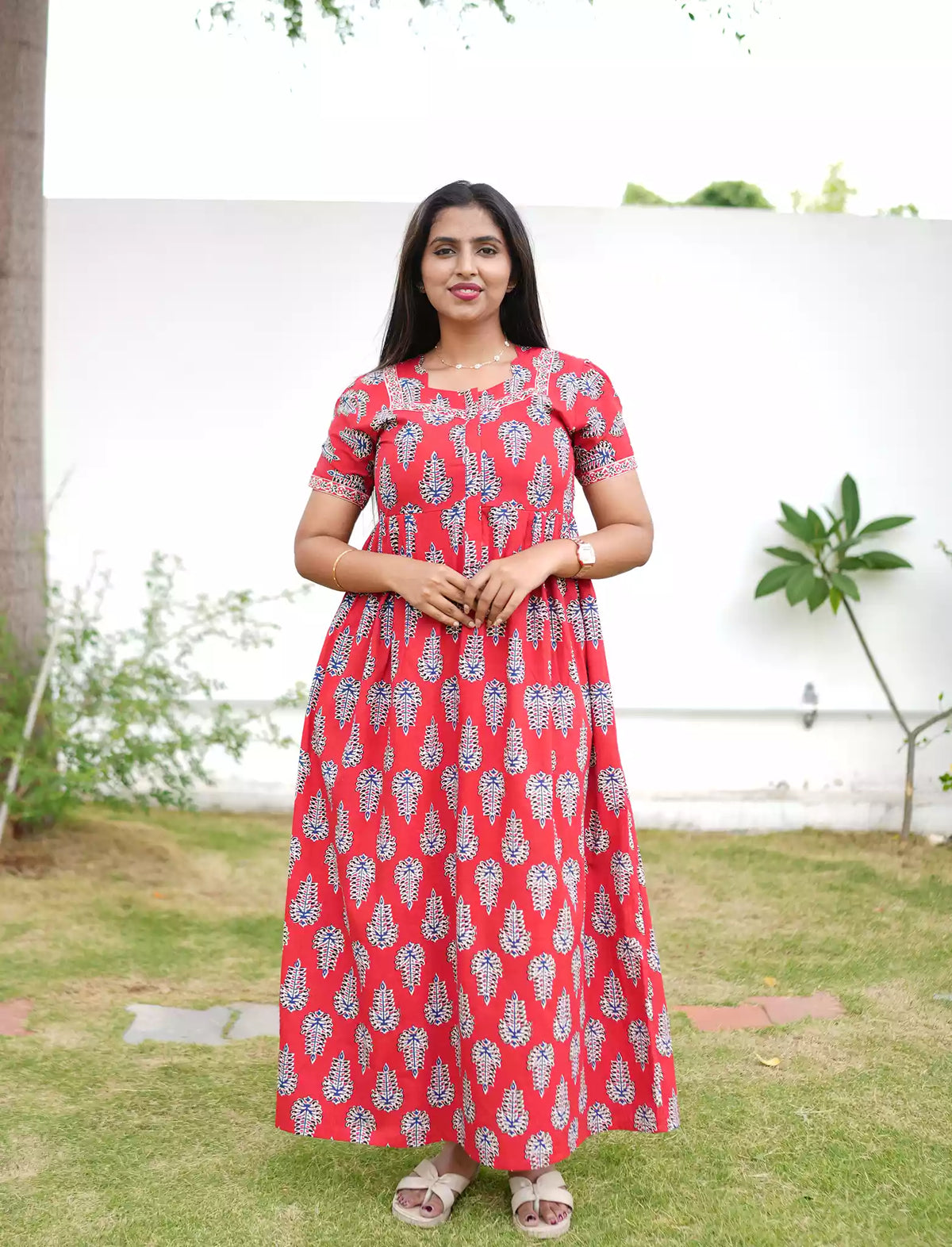 Cotton Leaf Print Casual and Feeding Frock - Mangai Nighties
