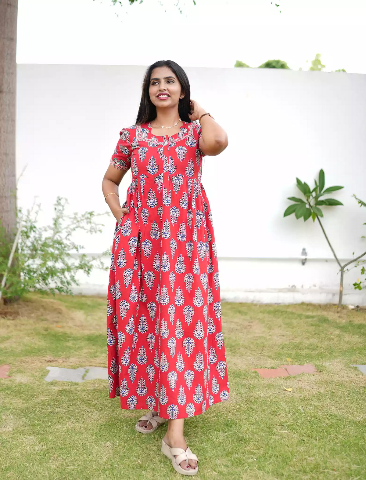 Cotton Leaf Print Casual and Feeding Frock - Mangai Nighties