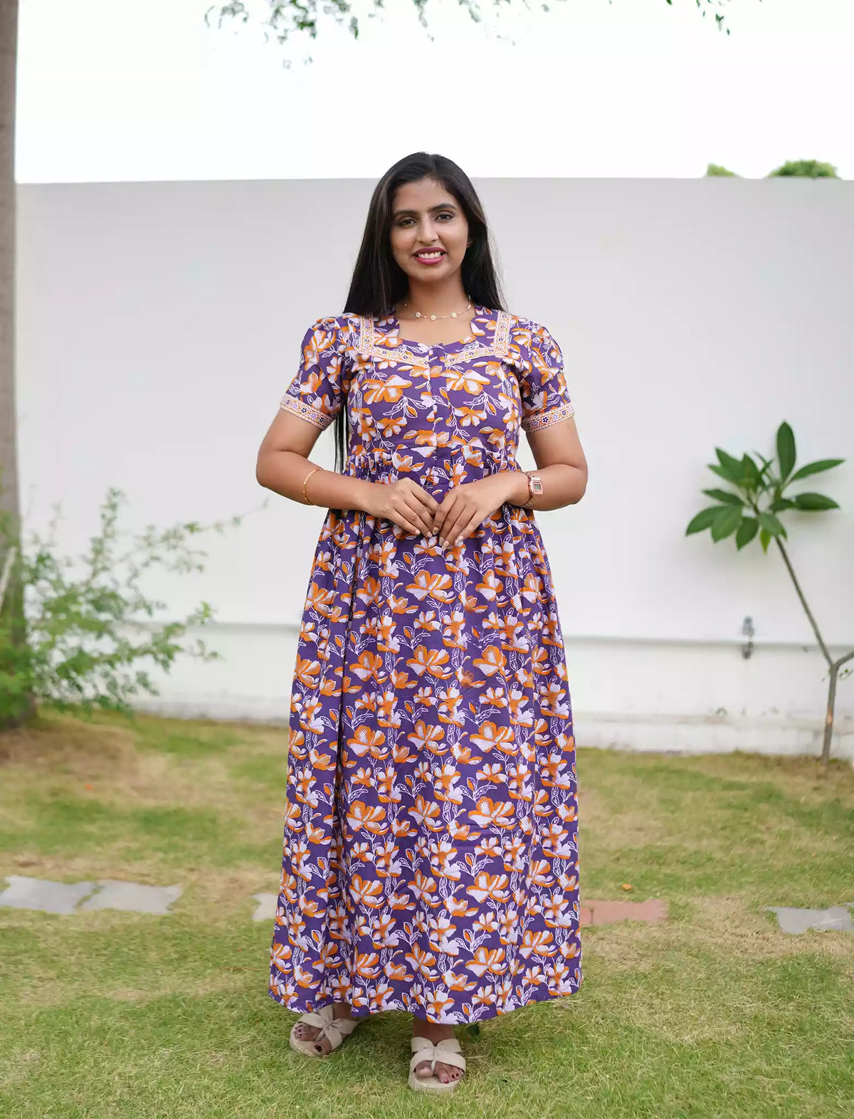 Cotton Floral Print Casual & Feeding Frock with Back Tie - Mangai Nighties