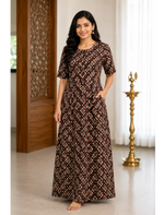MANGAI Premium Cotton Printed Pleated Model Half Sleeve 3XL Size Nighties With Fancy Neck | With Side Pocket