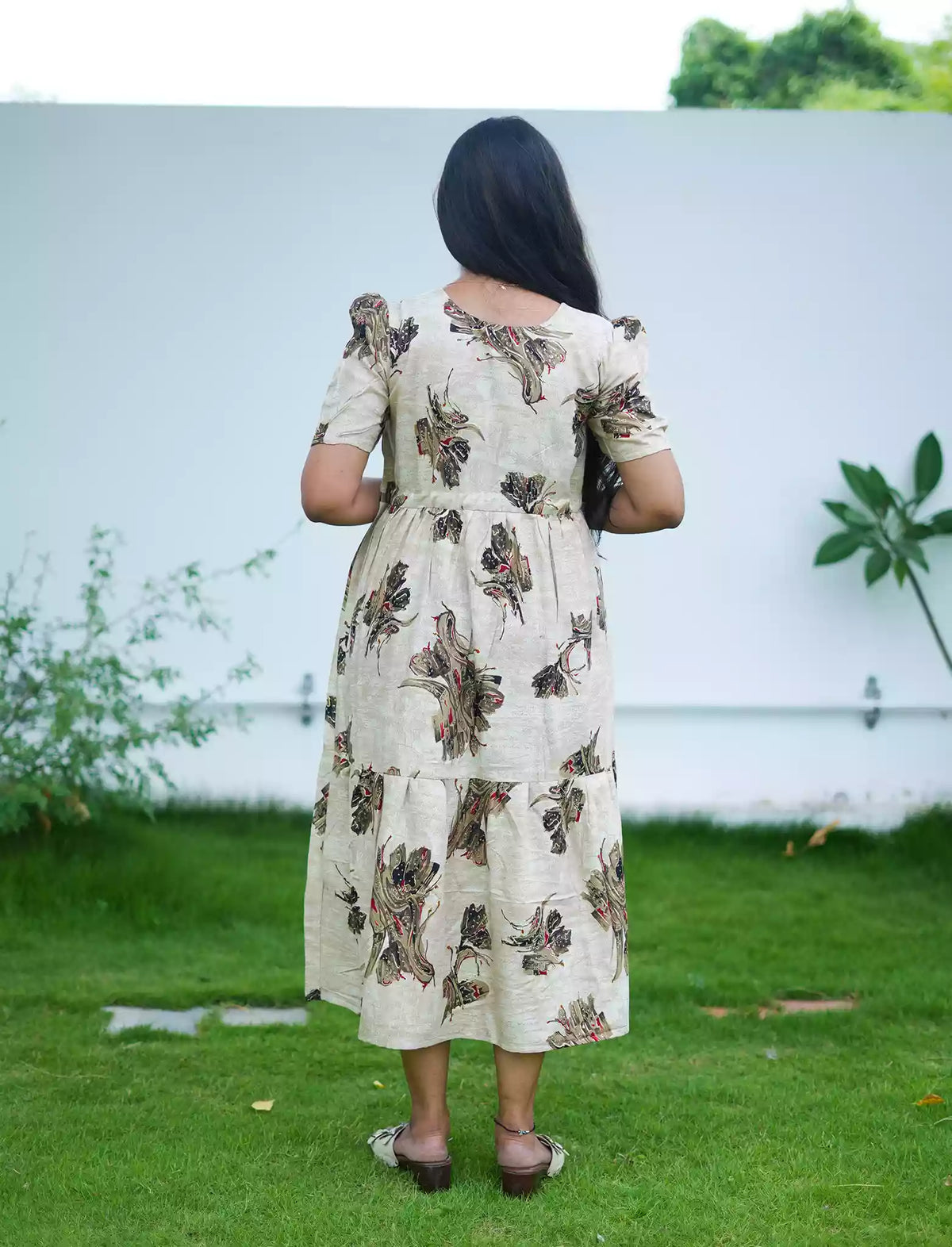 Rayon Abstract Botanical Print Foil Gathering Maxi with Front Tie - Mangai Nighties