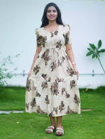 Rayon Abstract Botanical Print Foil Gathering Maxi with Front Tie - Mangai Nighties