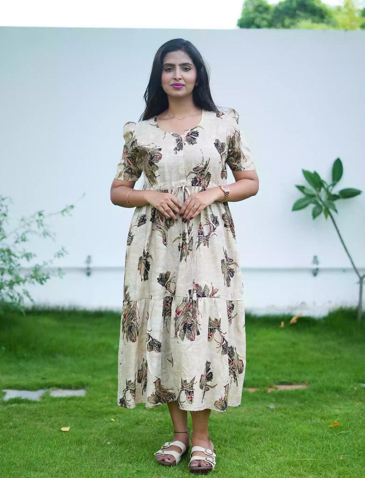 Rayon Abstract Botanical Print Foil Gathering Maxi with Front Tie - Mangai Nighties