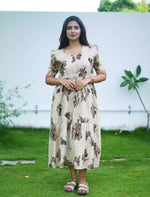 Rayon Abstract Botanical Print Foil Gathering Maxi with Front Tie - Mangai Nighties
