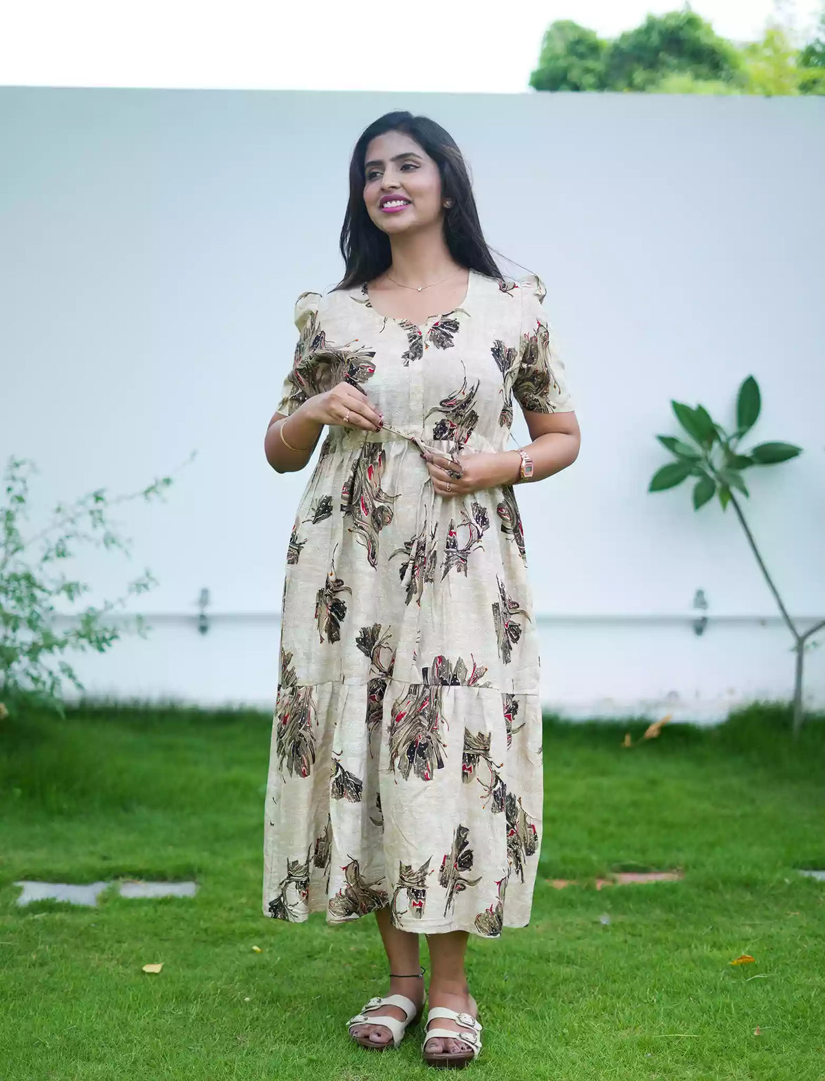 Rayon Abstract Botanical Print Foil Gathering Maxi with Front Tie - Mangai Nighties
