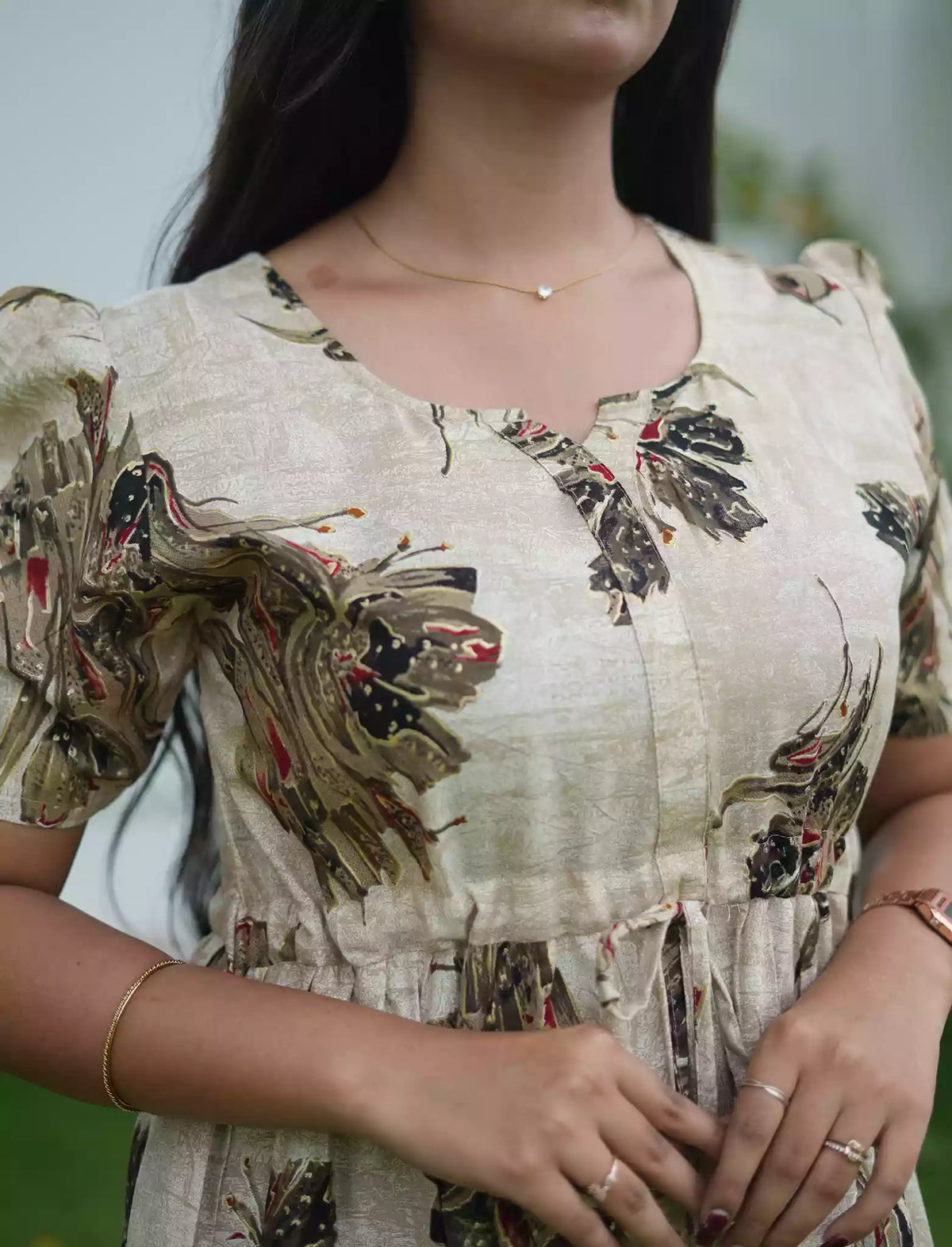 Rayon Abstract Botanical Print Foil Gathering Maxi with Front Tie - Mangai Nighties
