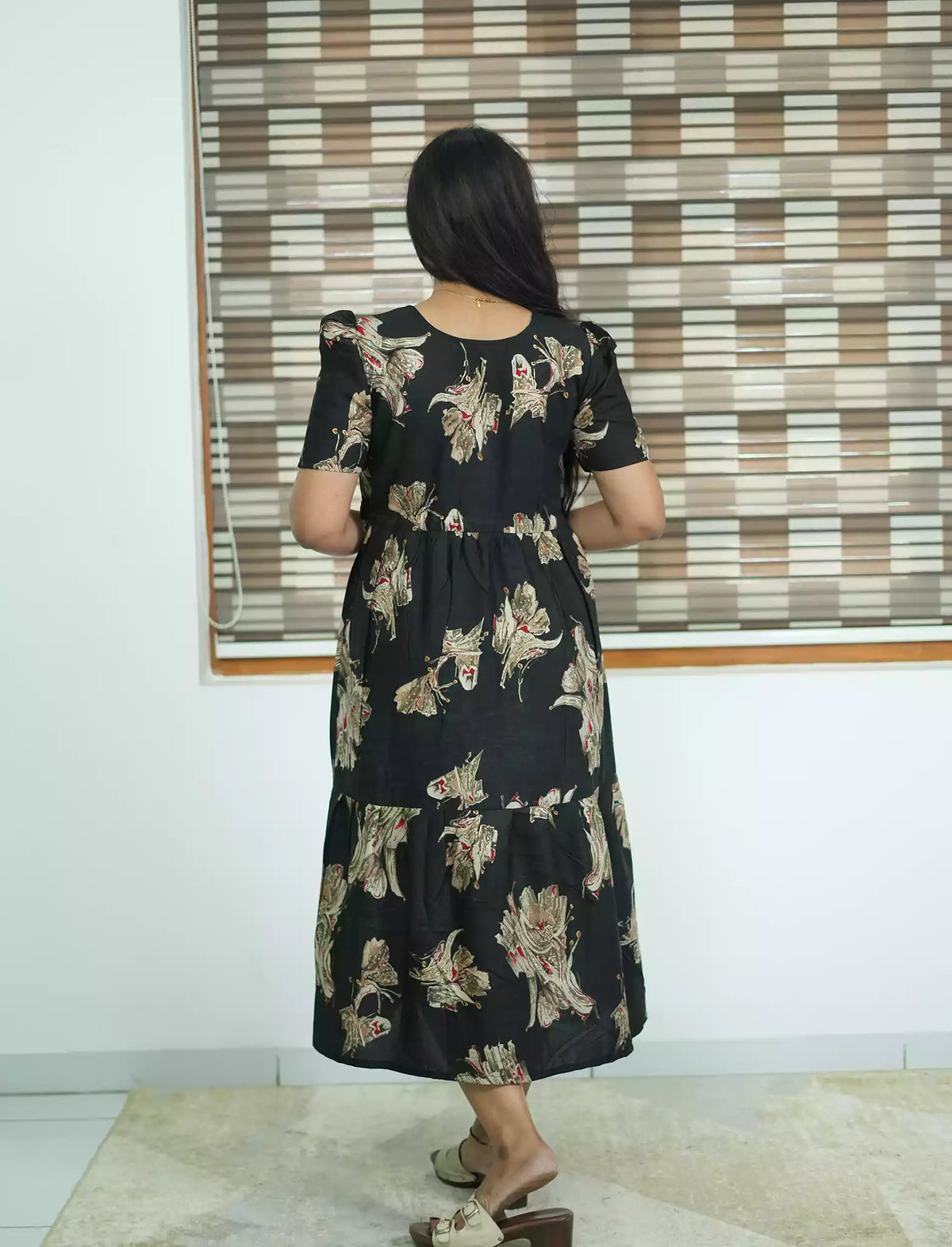 Rayon Abstract Botanical Print Foil Gathering Maxi with Front Tie - Mangai Nighties