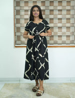 Black Rayon Abstract Print Front Tie Maxi Frock Women - Mangai Nighties