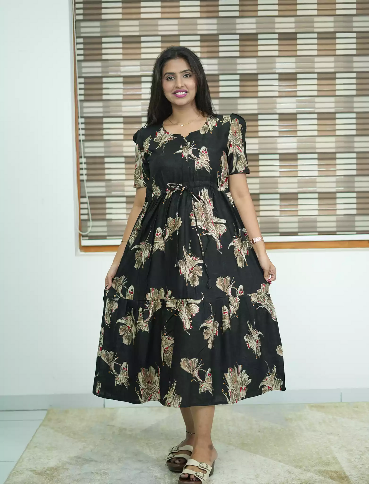 Rayon Abstract Botanical Print Foil Gathering Maxi with Front Tie - Mangai Nighties