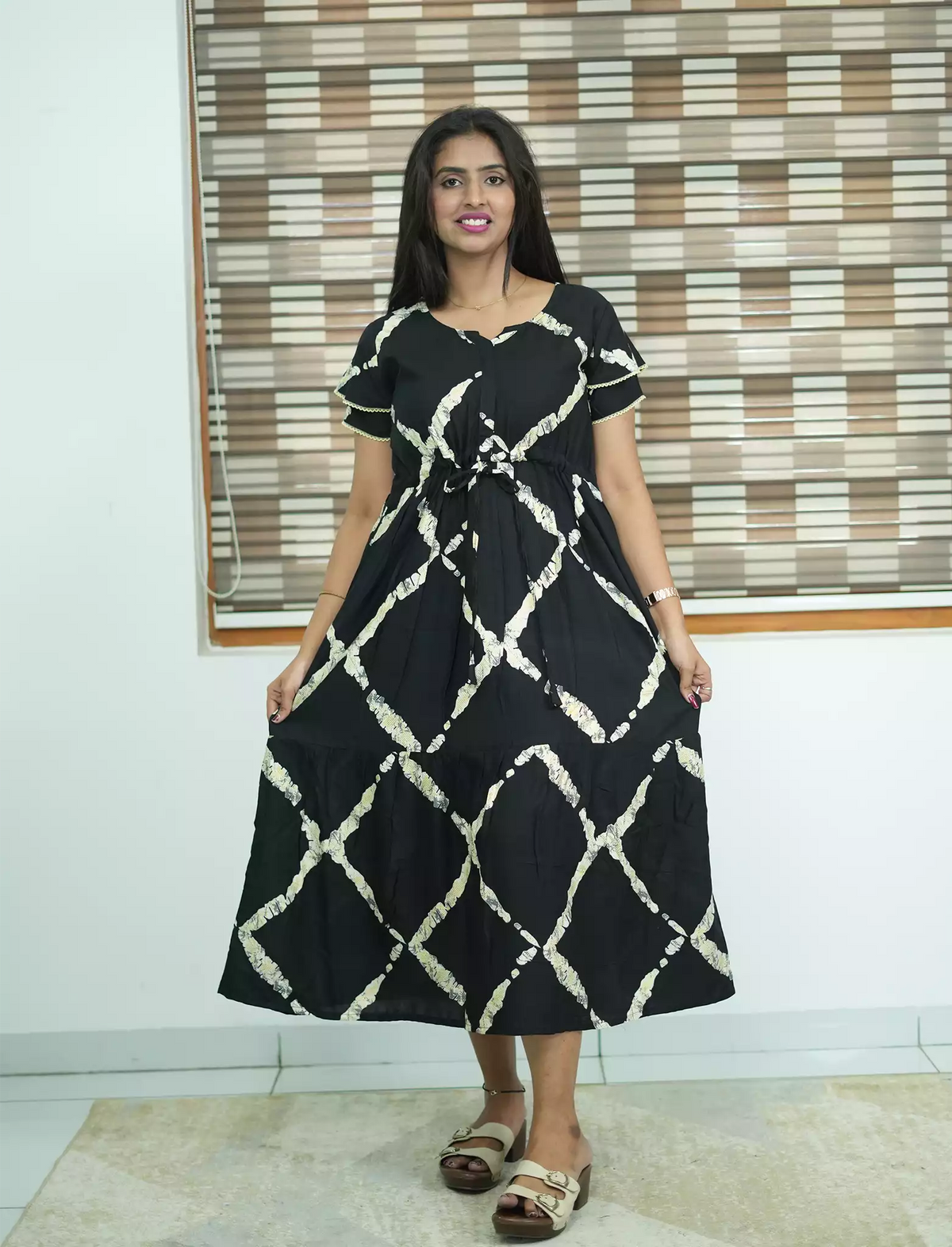 Black Rayon Abstract Print Daily Wear Maxi Frock - Mangai Nighties