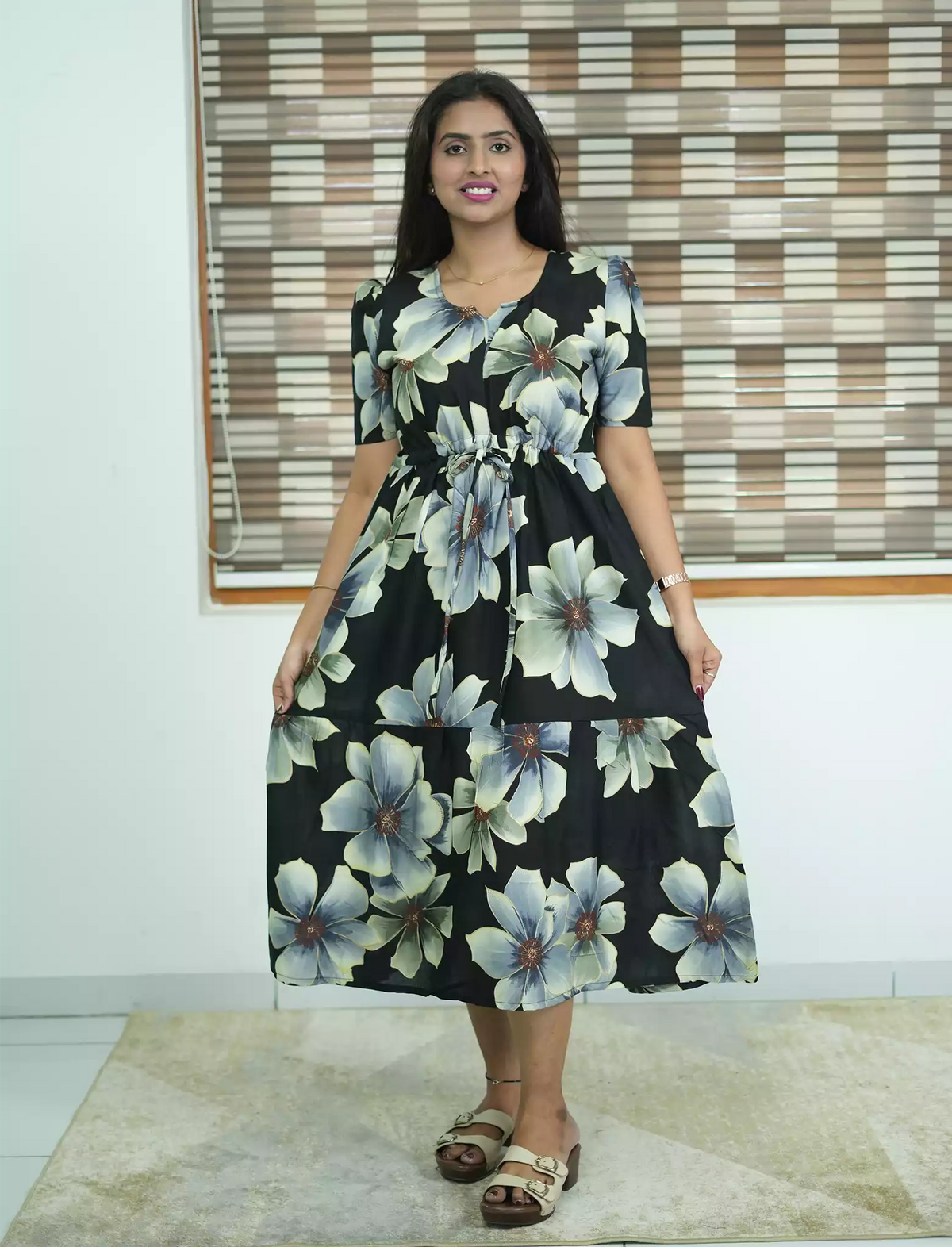 Rayon Floral Print Foil Gathering Maxi with Front Tie - Mangai Nighties