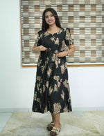 Rayon Abstract Botanical Print Foil Gathering Maxi with Front Tie - Mangai Nighties