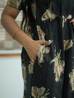Rayon Abstract Botanical Print Foil Gathering Maxi with Front Tie - Mangai Nighties
