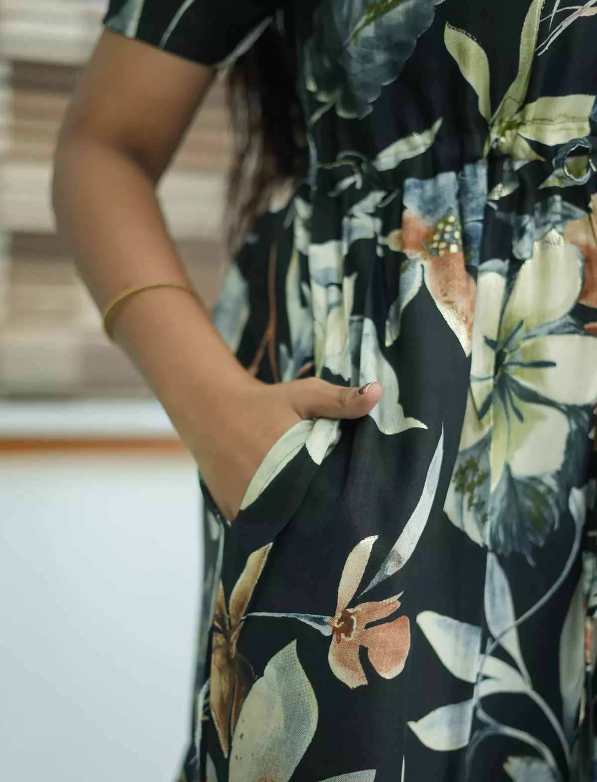 Rayon Floral Print Foil Gathering Maxi with Side Pocket - Mangai Nighties